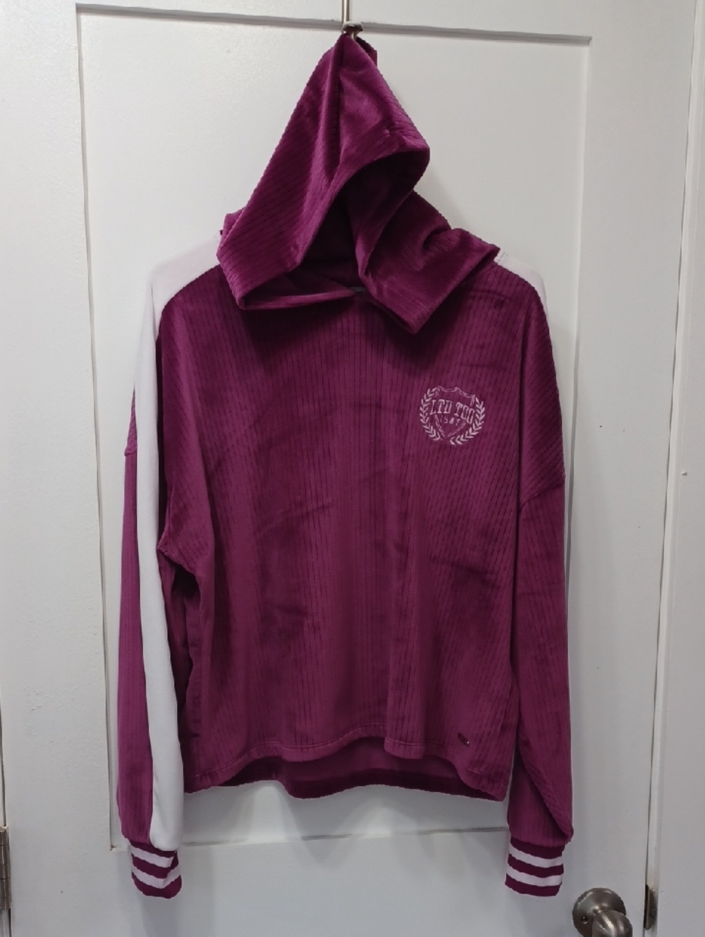 Soft Purple Velour Hoodie Sweatshirt Sweater Stripes On Sleeves & Cuffs